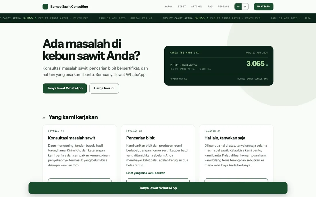 Tampilan situs Borneo Sawit Consulting
